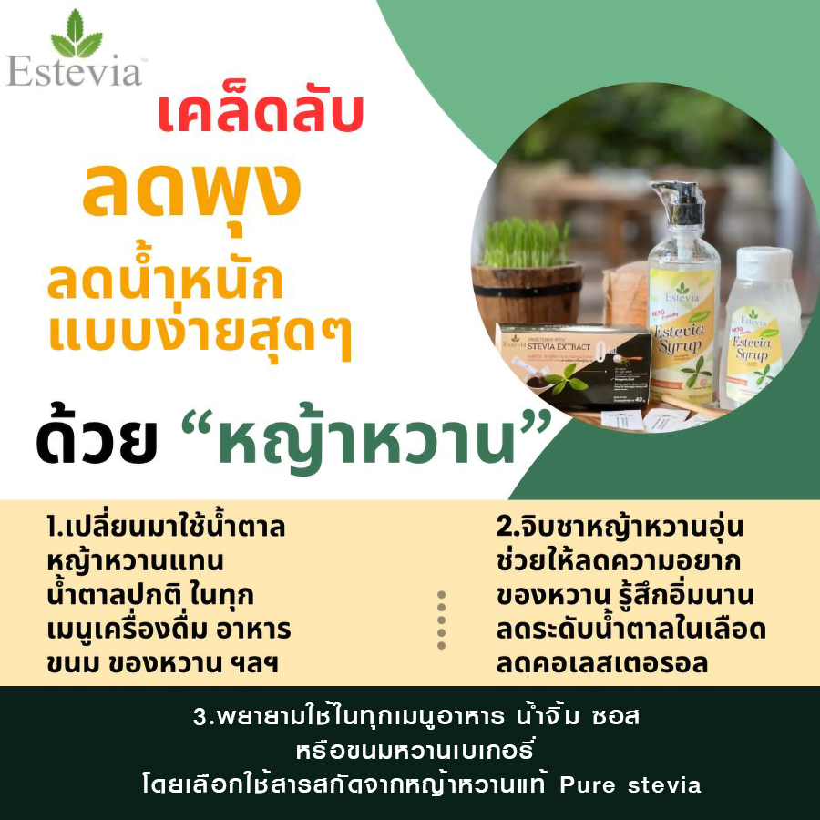 ลดพุงง่ายด้วยหญ้าหวาน น้ำตาลหญ้าหวาน สารสกัดหญ้าหวานแท้ ไซรัปหญ้าหวาน